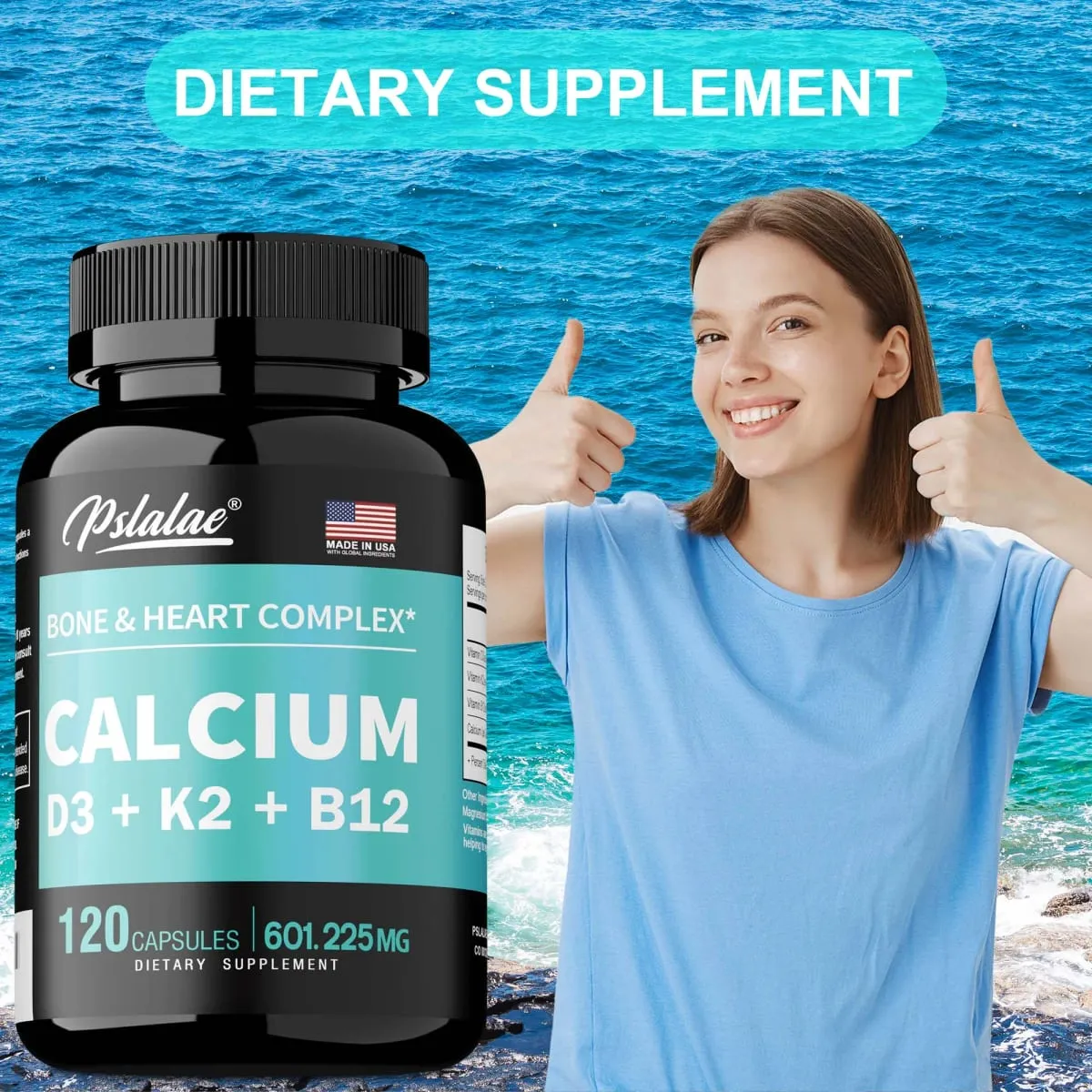 Suplemento de cálcio 4 em 1 com vitamina D3 K2 B12 - apoia ossos, dentes, coração e função do sistema imunológico