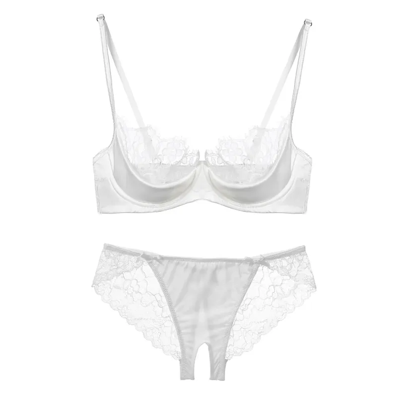Women French Lace Half Cup Lingerie Set Green Ultra Manipis Sheer Soft Kumportable Underwire Bra Para sa Maliit na Bust 32‑38AB — image 8