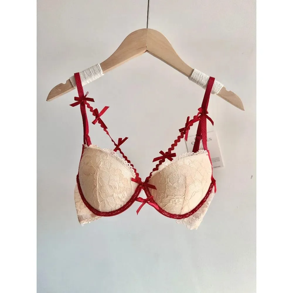 セクシーな Women Party Wedding Red Bow Lace Underwear Lingerie Set Push Up Bra Panty Small Chest Gathered Intimate Suit S-XL A-C CUP