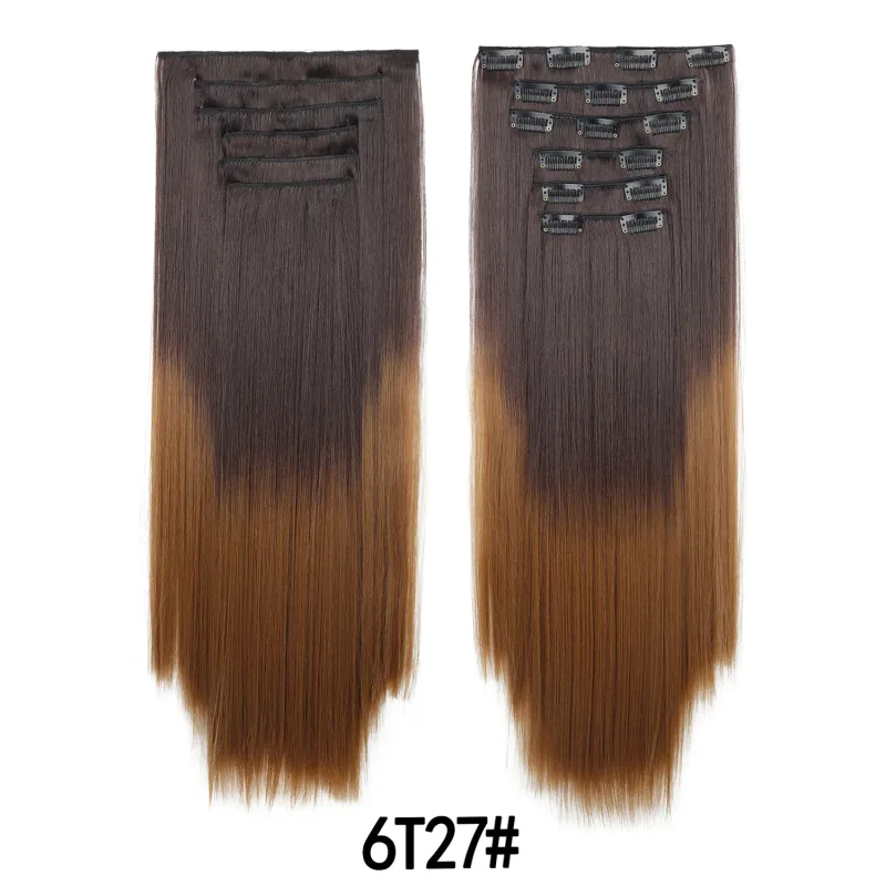6Pcs 24 inch Ombre Color Clip-in Hair Extensions Long Synthetic Straight Hairpieces Layered Soft Invisible Clip Ins Extensions