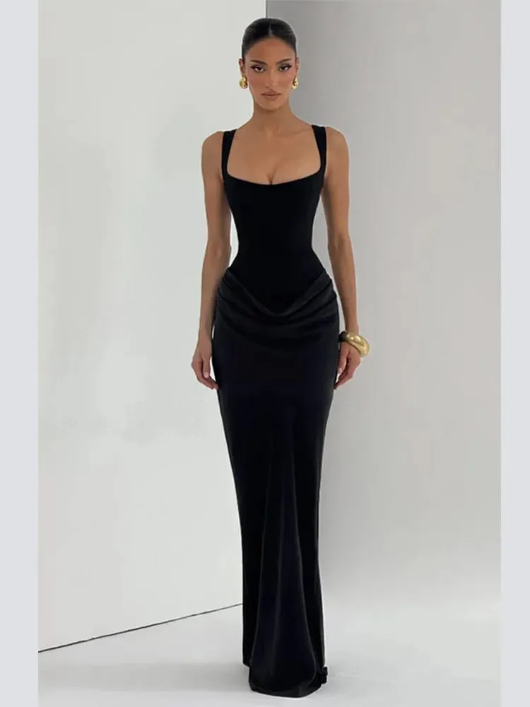 Pleated Sling MAXI Dress Women Square Neck Sleeveless Off-shoulder Waist Cinching Slim ROBE Fashion Evening Party Gowns