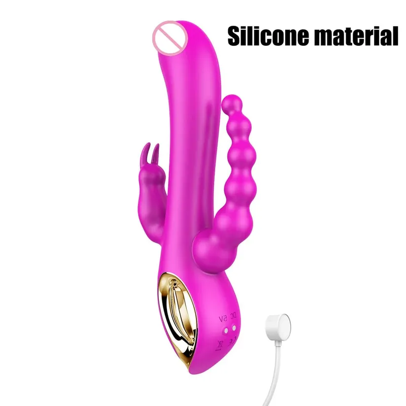 Silicone Rabbit Vibrator 3-in-1 G-Spot Clit Anal Beads Stimulator 10 Modes Thrusting Vibrating Sex Toy for Women