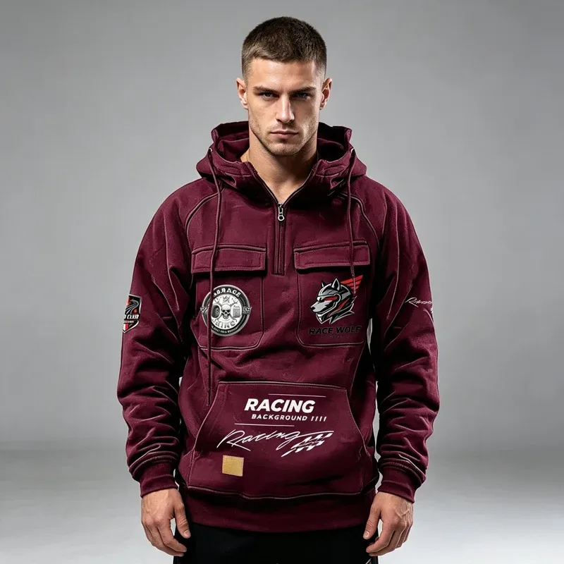 Men's Racing Suit With Large Pockets And Hooded Pullover. Men's Multi-pocket Outdoor Camping Hiking Sports Casual Jacket.