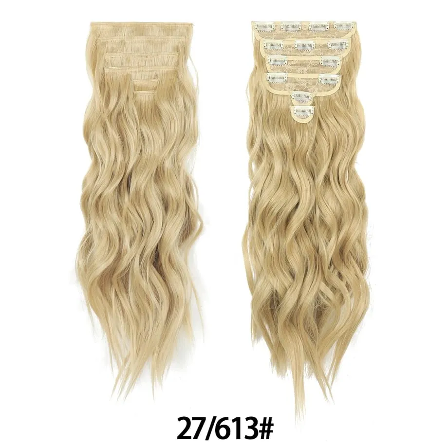 6PCS Clip in Hair Extensions Honey Blonde Mixed Light Brown 24 Inch Long Water Wavy Synthetic Hair Extensions For Women Use