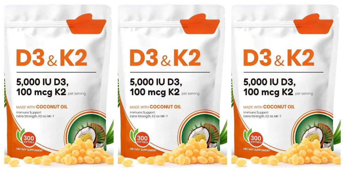Vitamin D3 K2 Softgels with Coconut Oil 5000 IU D3 & 100 mcg K2 MK-7 Daily Bone Wellness Support for Men & Women 300 Count