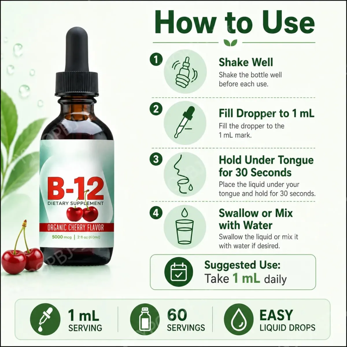 비타민 B12 메틸코발라민 액체 방울 5000mg 체리 맛 2액량 온스 60회분 비건 무설탕 일일 보충제