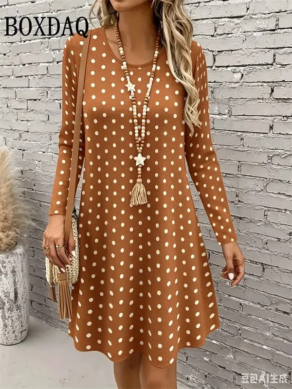 Polka Dot 3D Print Dresses For Women 2026 Autumn Fashion Long Sleeve A-Line Dress Women Casual O-Neck Loose Home Dress Vestidos