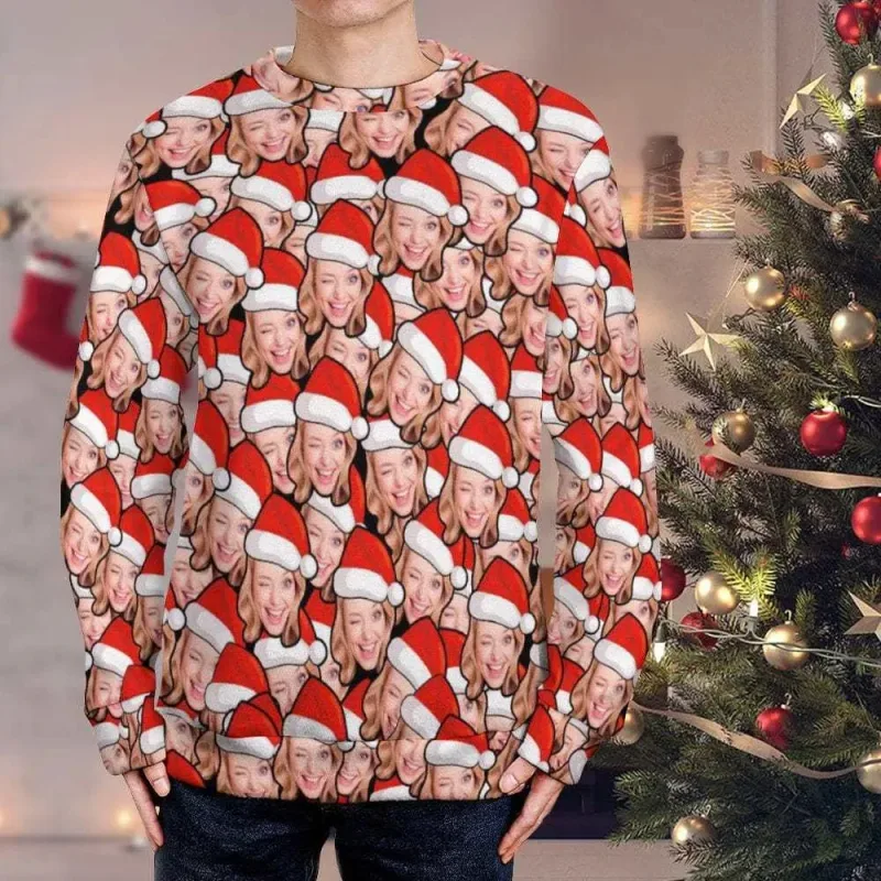 Personalizado sua foto 3d impressão feia camisola de natal diy rosto família pullovers imagem engraçada moletom personalizado presente de natal unisex