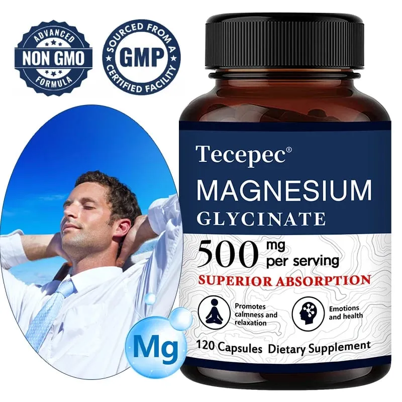 Magnesium Glycinate 500mg Capsules High Absorption Promote Calm and Relaxation Stress & Anxiety Relief Dietery Supplement