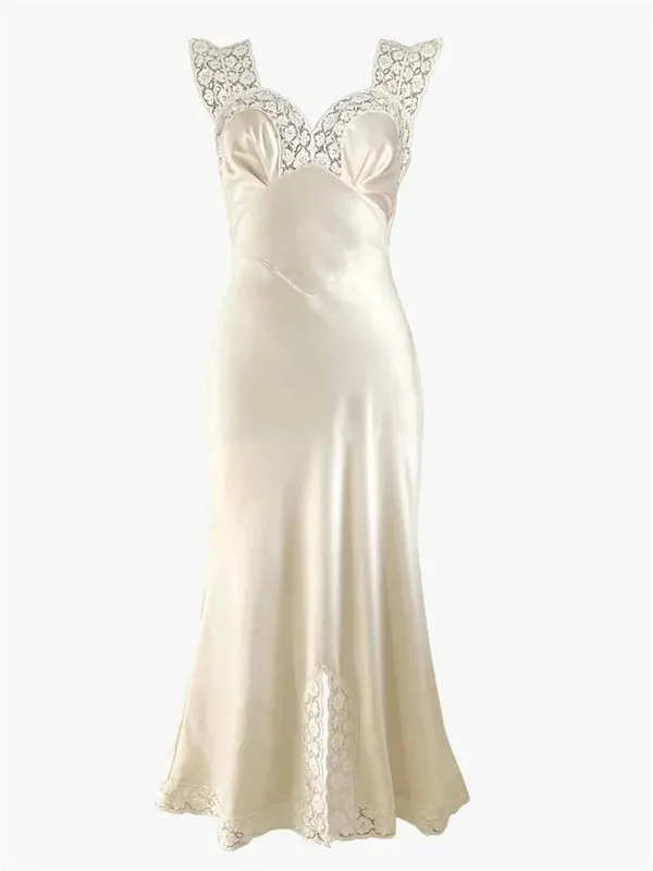 Tossy Fashion Satin Lace Long Dress Women V-Neck Patchwork Hollow Out Sleeveless Lace-Up Dress Evening Female Autumn Maxi Dress