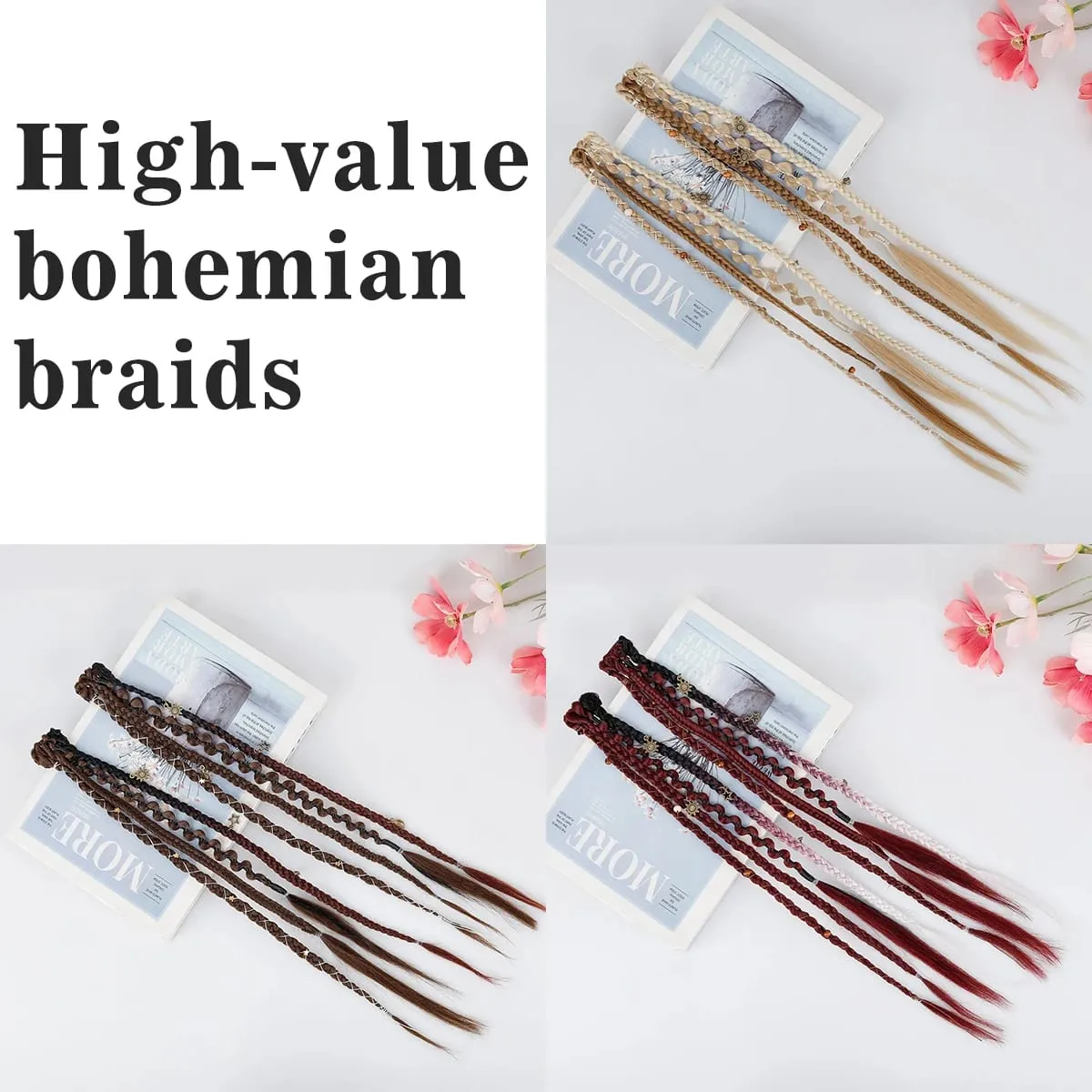 Boho Ombre Burgundy Braided Ponytail Hair Extensions Synthetic Braids With Bohemian Viking Hair Pieces For Women Carnival Party — image 4