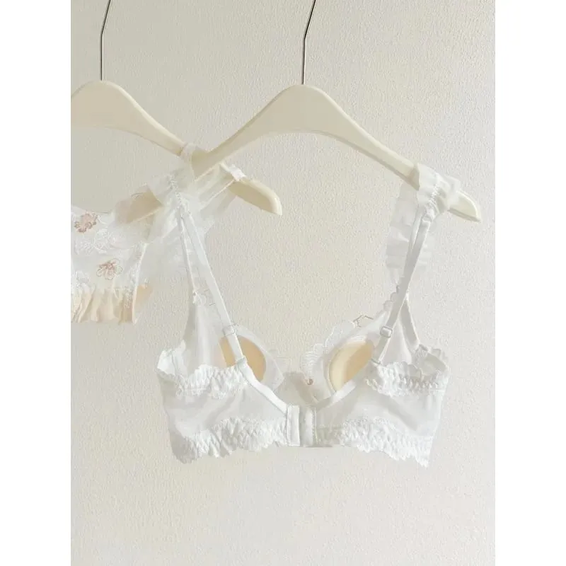 Lace Floral French Bra Set Soft Underwire Ultra Thin Bunny Cup Plus Size Minimizer Bra Sexy Lingerie Set For Women Daily Wear