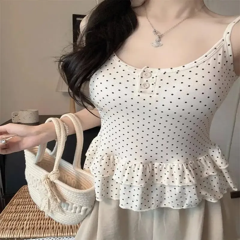 {MAX-66} Women Clothing Summer Fashion Casual Polka Dot Solid Color Sling Ladies Fashionable Appear Thin Slim Young Style Tops