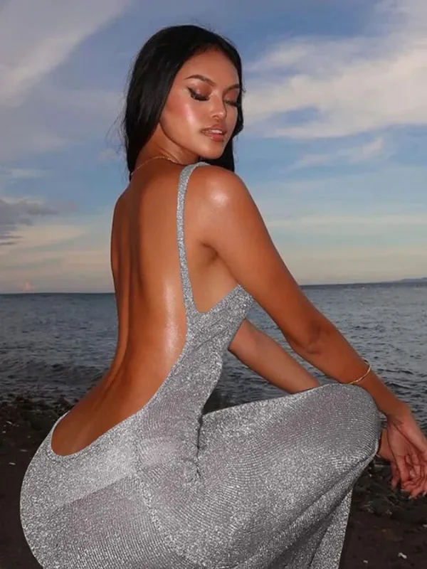 แปลก Puss ดูผ่านชุดหญิง 2024 ฤดูร้อนบางแขนกุด Glitter แยก Coquette Backless Clubwear Beach เซ็กซี่ Vestidos