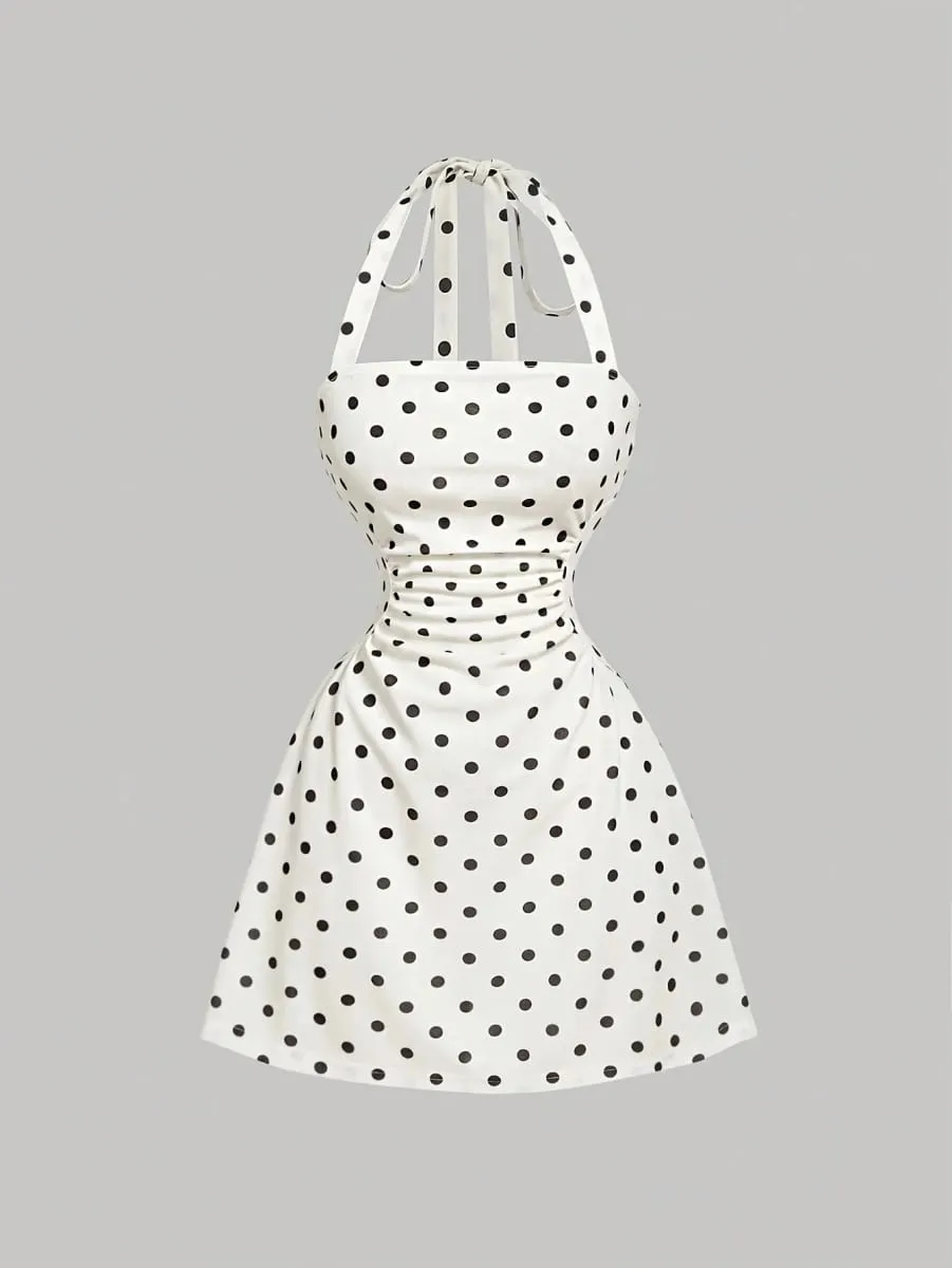 Ladies Summer Halter Mini Dress Polka Dot Pattern Graduation Ceremony Music Festival Dance Party Vacation Suitable