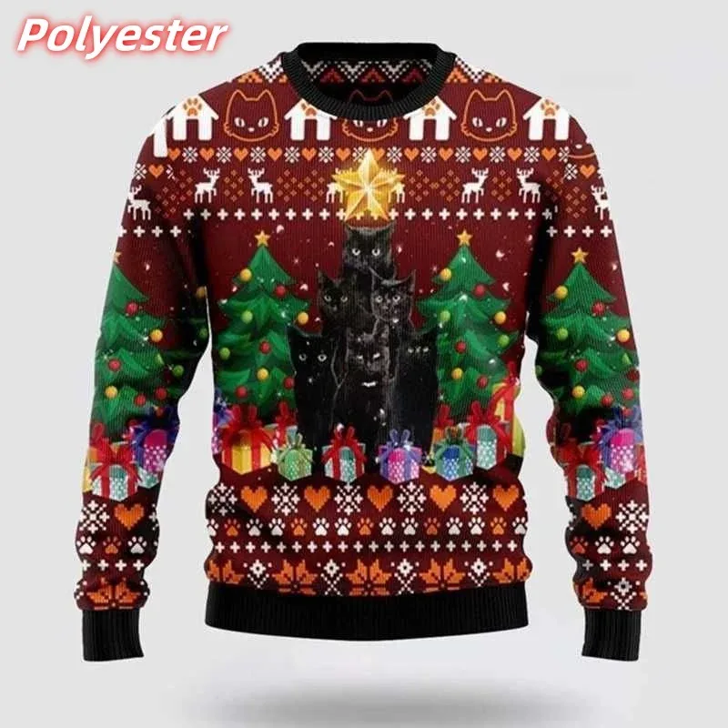 3D Printed Cat Snowflake Hoodie For Men Christmas Gift Pattern Sweatshirt Casual Long Sleeves Pullovers Round Neck Hoodies