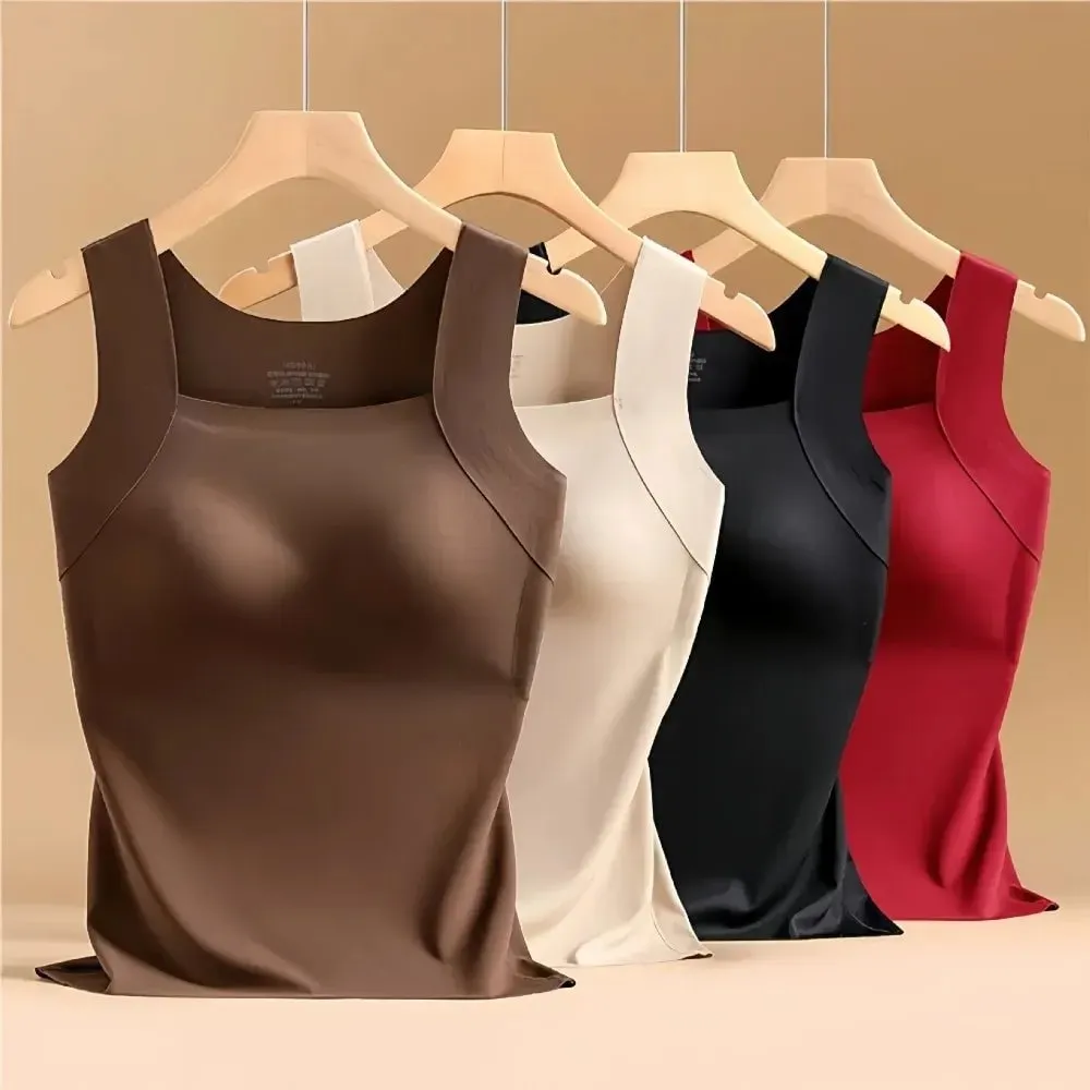 Built-in Bra Seamless Camisole Fixed Cup Solid Color Thermal Vest Stretchy U Neck Bottoming Underwear Multi-layer Wear