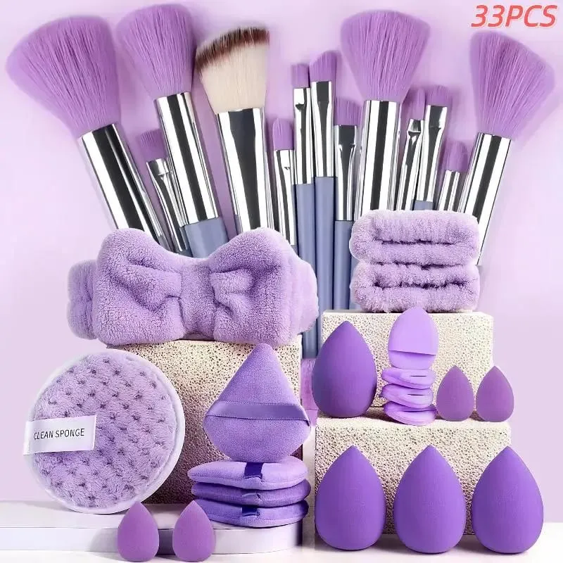 20/33Pcs Makeup Tool Kit Full Set with Makeup Puffs Brushes Beauty Sponges for Make‑up & Makeup Removal