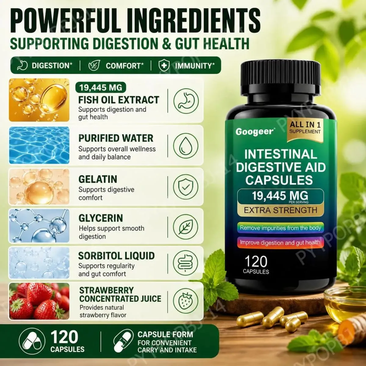 Googeer Intestinal Digestive Aid Capsules Fish Oil Extract Supports Digestion and Gut Health Supports Immunity 120 Capsules — image 4