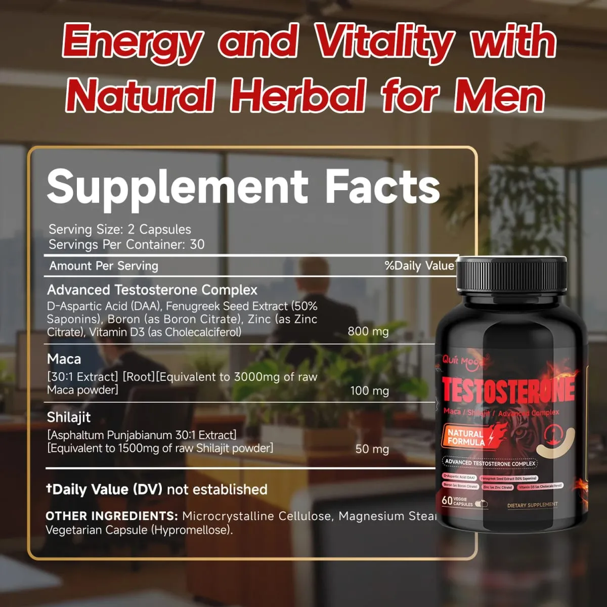 Quit Mood Men's Testosterone Capsules | 100mg Maca & 50mg Shilajit & More | Hormone Balance & Stamina Enhancer – 60 Capsules