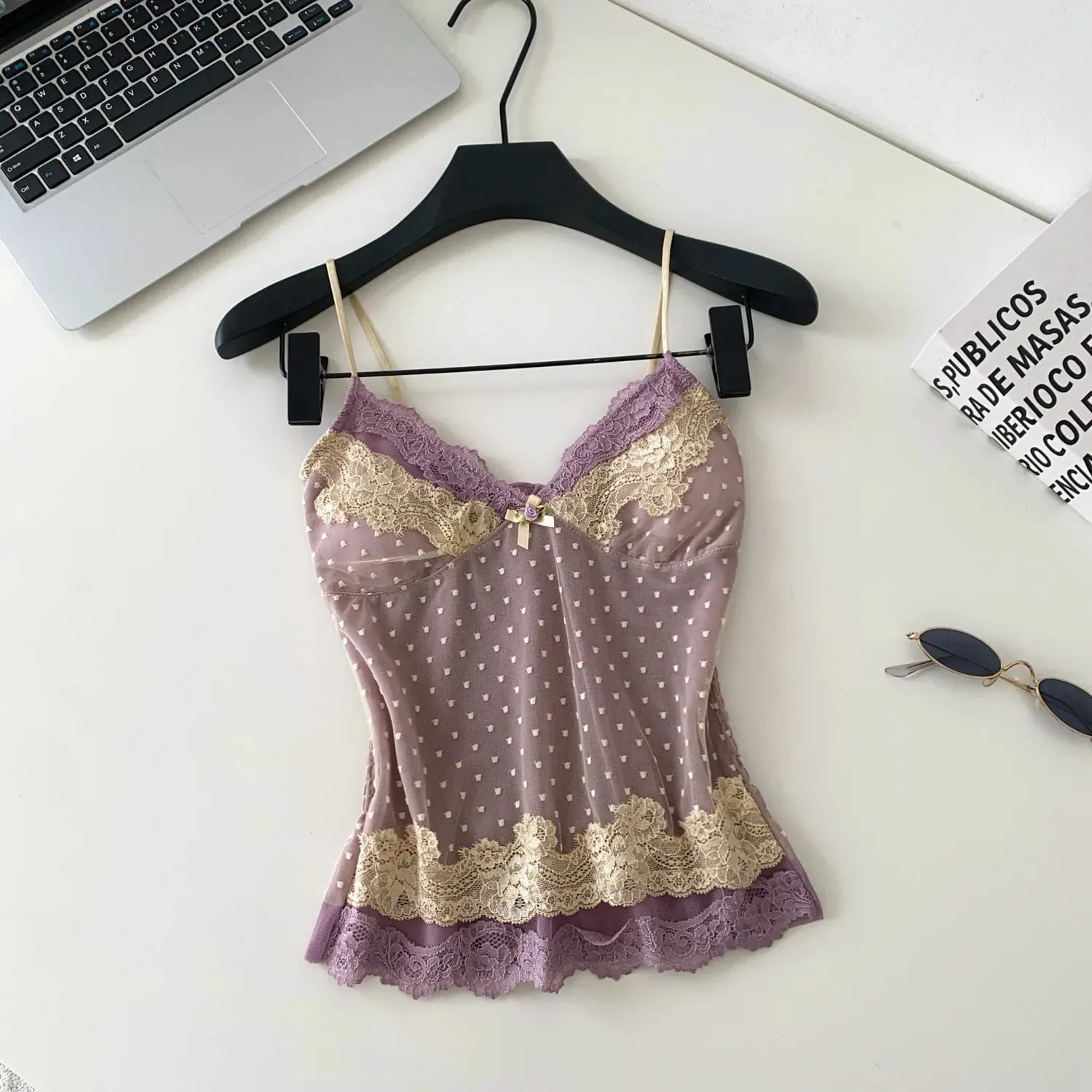 Polka Dot Mesh Lace Top French V Neck Shirred Stretchy Slim Backless Female Tank Top Summer Y2K Sensual Lazy Camisole