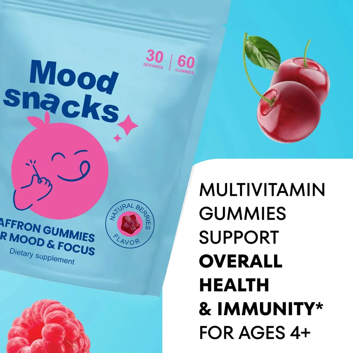 Mood Snacks - Kids Saffron Gummies Natural Berries Supplements Offer Mood Support and Calms Temper Tantrums Sugar Free Gummies