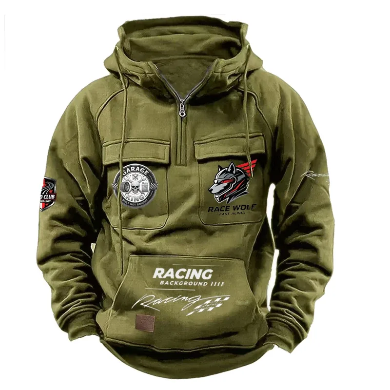 Men's Racing Suit With Large Pockets And Hooded Pullover. Men's Multi-pocket Outdoor Camping Hiking Sports Casual Jacket.