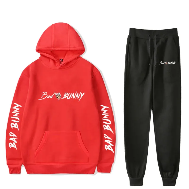 Harajuku Comfortable Funny bad bunny Print Sweatshirt Sweatpants Suit Men/Women Hoodies+ Trousers Suit Cute 2 Piece Set Clothes