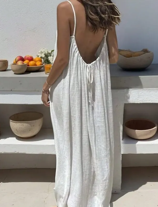 Women's Loose Sundress Sexy Backless Lace Up Slip White Linen Homewear Long Maxi Party Dresses OUFY-20260409001