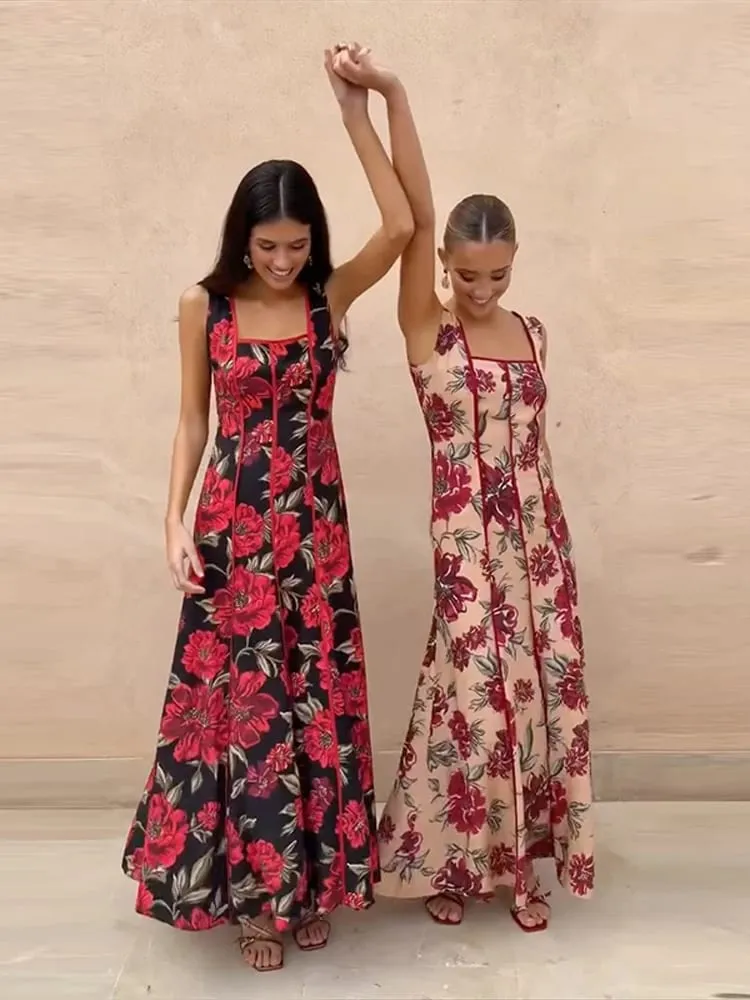 Sexy Printed Flower Long Women's Dress Sleeveless Waist-Closed Slash Neck Lady Dresses Summer Sling Vacation Holiday Robe
