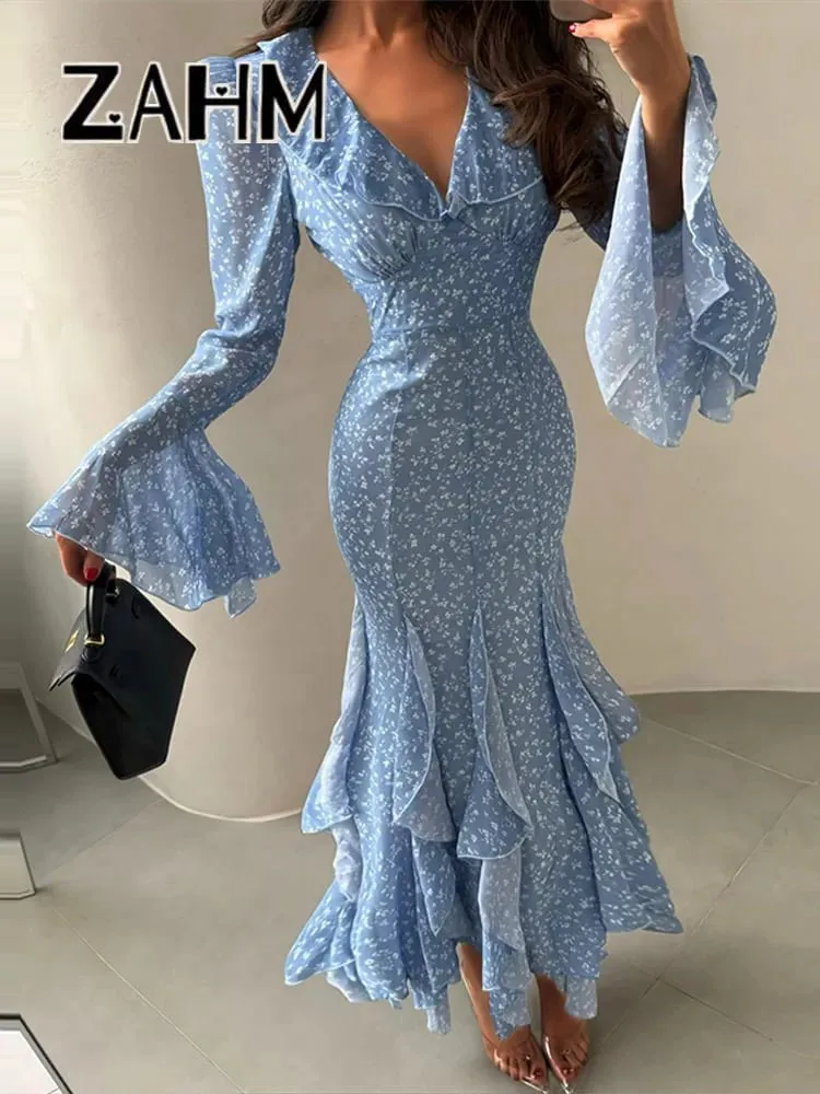 Chic Printed Women's Dress Ruffle Bell-Bottomed Sleeve V-Neck Slim Lady Long Dresses 2026 Spring Summer Female Vacation Robe New