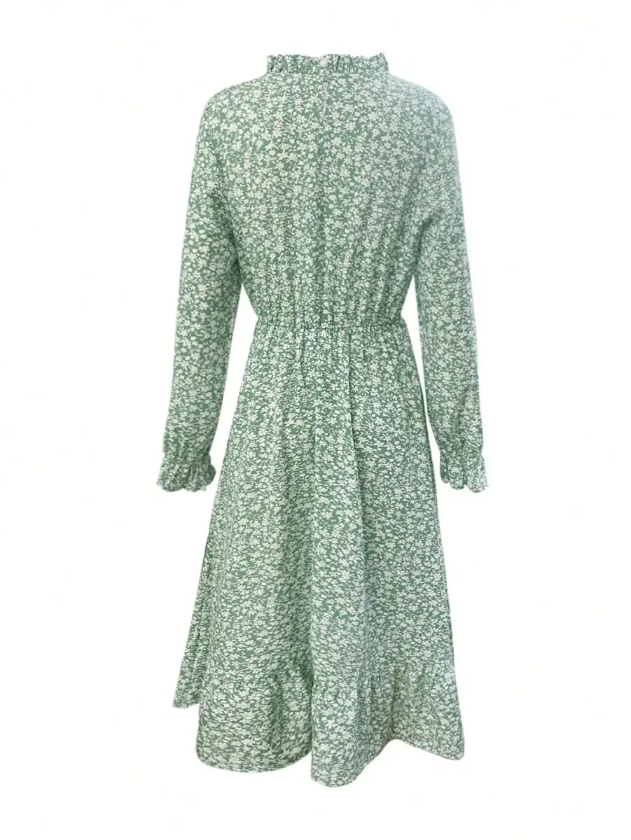 Women's Loose Midi Dress 2026 Casual 100% Polyester Ditsy Floral Print Long Sleeve with Ruffle Neck Elastic Waist & Ruffle Hem