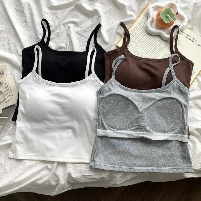1PC Women's Solid Color Spaghetti Straps Sleeveless Slim Camisole With Chest Pad