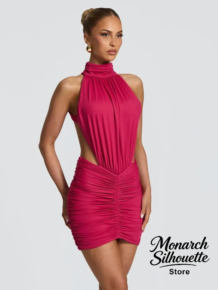 Chic Sleeveless Pleated Slim Mini Dress Women Sexy Solid Backless Hollow Out Round Collar Dresses Lady Evening Party Vestidos — image 6