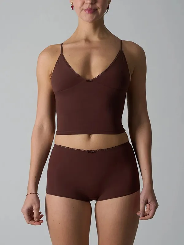 Solid Thin Seamless Lingerie Set Women Lace Trim Triangular Cup Camisole With Boxer Shorts High Elasticity Slim Floral Bra Sets