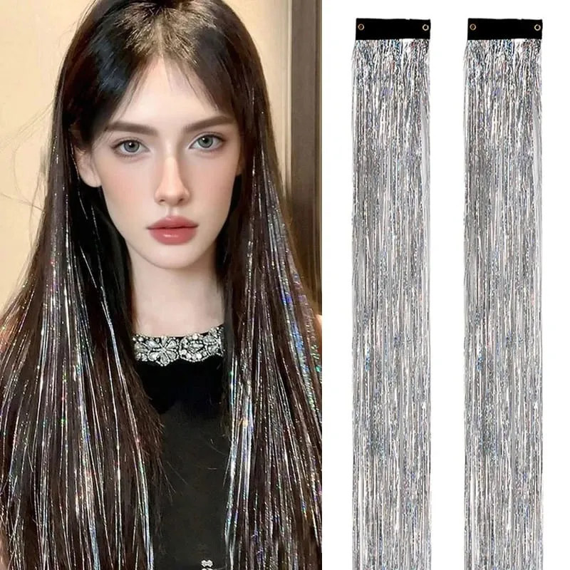 2PCS Synthetic Hair Tinsel Clip in Extensions Colored Sparkle Hair Tinsel Kit with BB Clip for Kids Girls Christmas Party Use