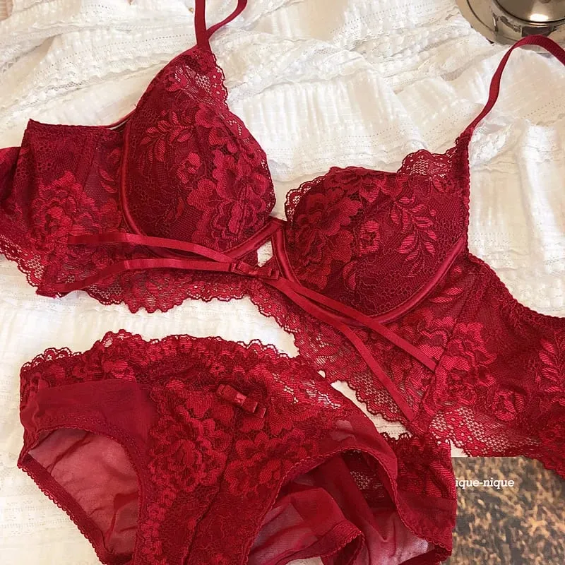Summer Underwie Thin Cup Women Underwear Sexy Hollow Push Up Bra Set French Lace Embroidery Kumportableng Bralette Lingerie Set
