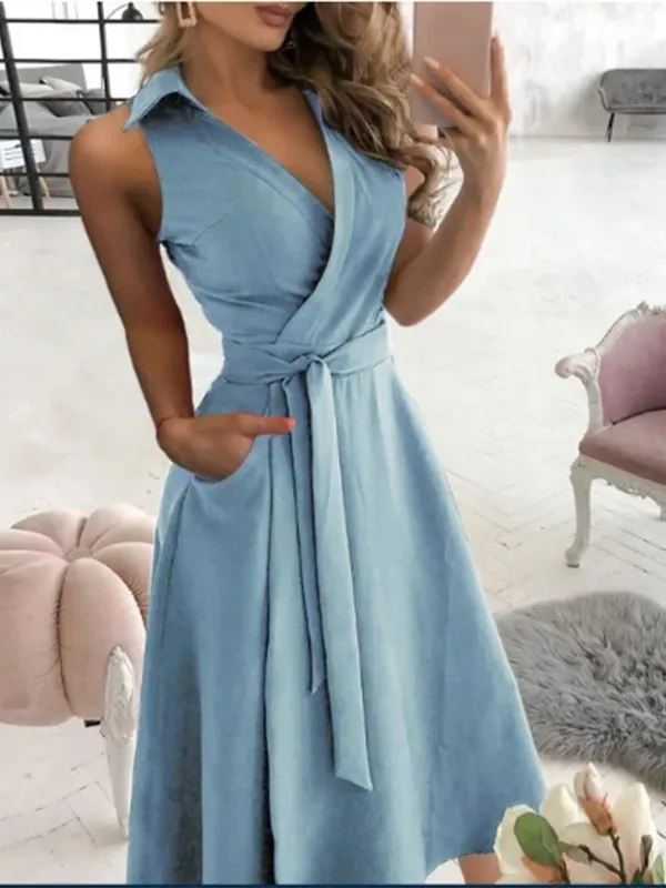 V-neck Lace Up Short Sleeved Solid Color