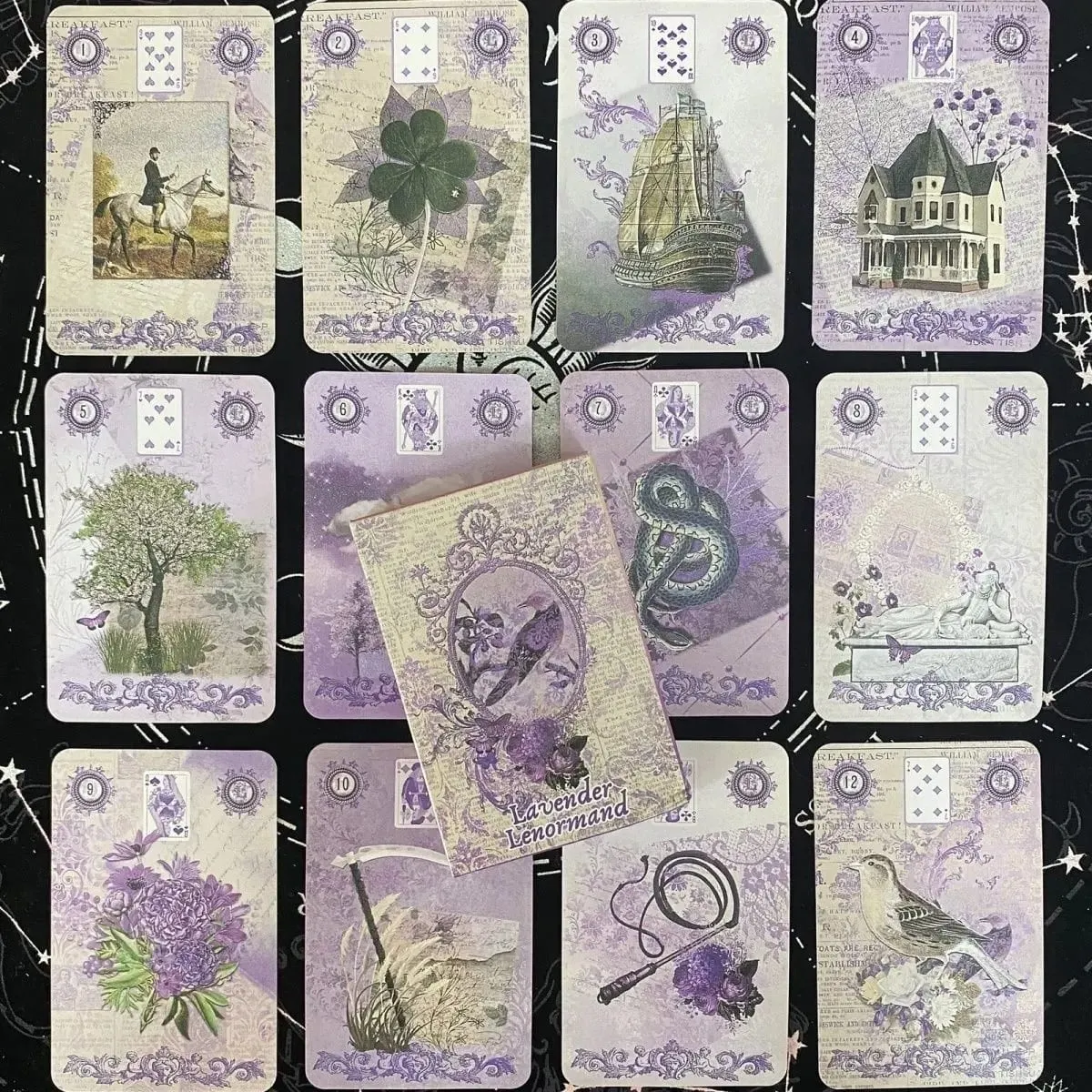 Lavender Lenormand Deck - 9*6cm 36 karet s vintage botanickými ilustracemi Shabby Chic Purple Aesthetic Tarot Alternative
