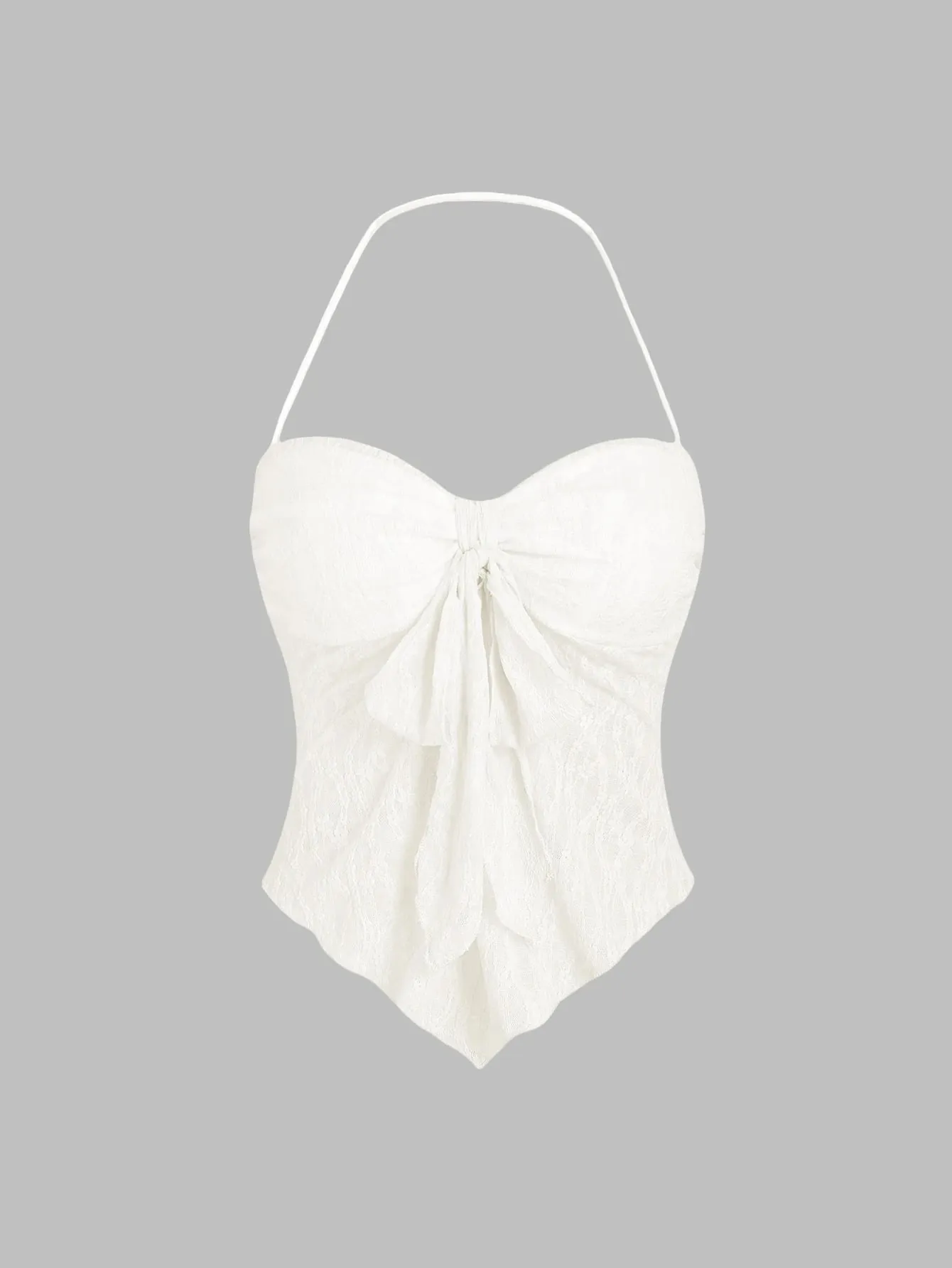 Women Halter Sweetheart Neck Front Bow Ruched Lace Slim Fit Irregular Hem Cami Top With Built In Bra 2026 Summer Vacation Solid