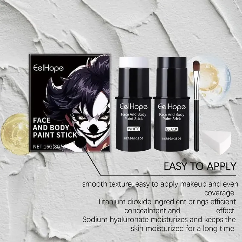 Cover Foundation Clown, bunt, langlebig, wasserfest, für Halloween, festliches Make-up, Zubehör-Set, Schwarz, Weiß, Gesichts- und Körperbemalungsset — image 3