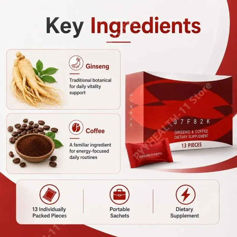 Ginseng Energy Coffee Support Sachets 13 Packs Herbal Vitality Supplement for Daily Focus Natural Stamina Support Portable Use