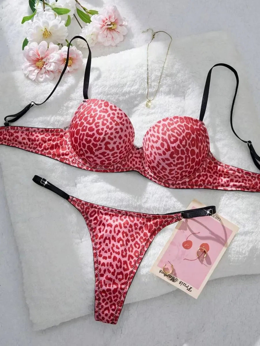 Sexy Leopard Print Push-Up Bra Set with Matching Thong for Women - Underwear Set