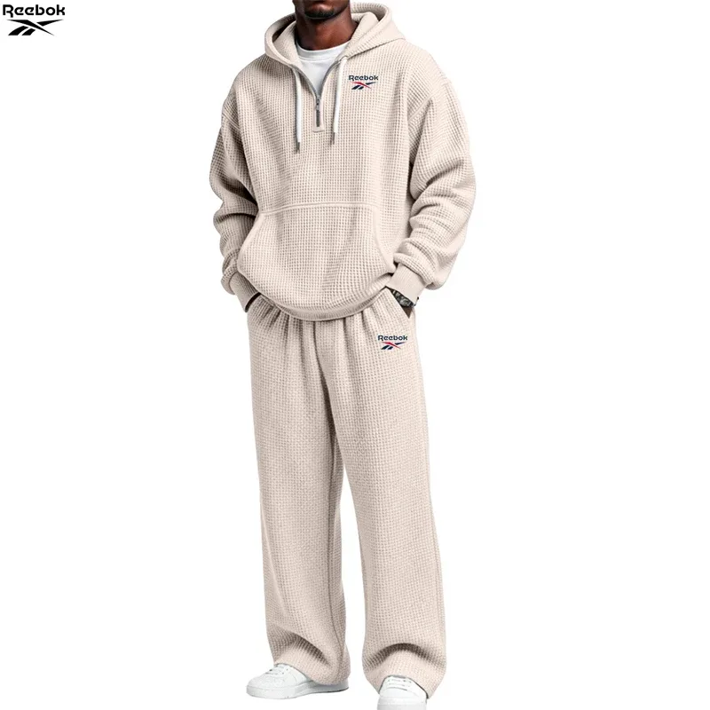 2026 Reebok Brand Spring-Autumn Men's Hooded Sweatshirt Set - Retro Solid Color Loose Fit Street Style Half-Zip Hooded Shirt - C