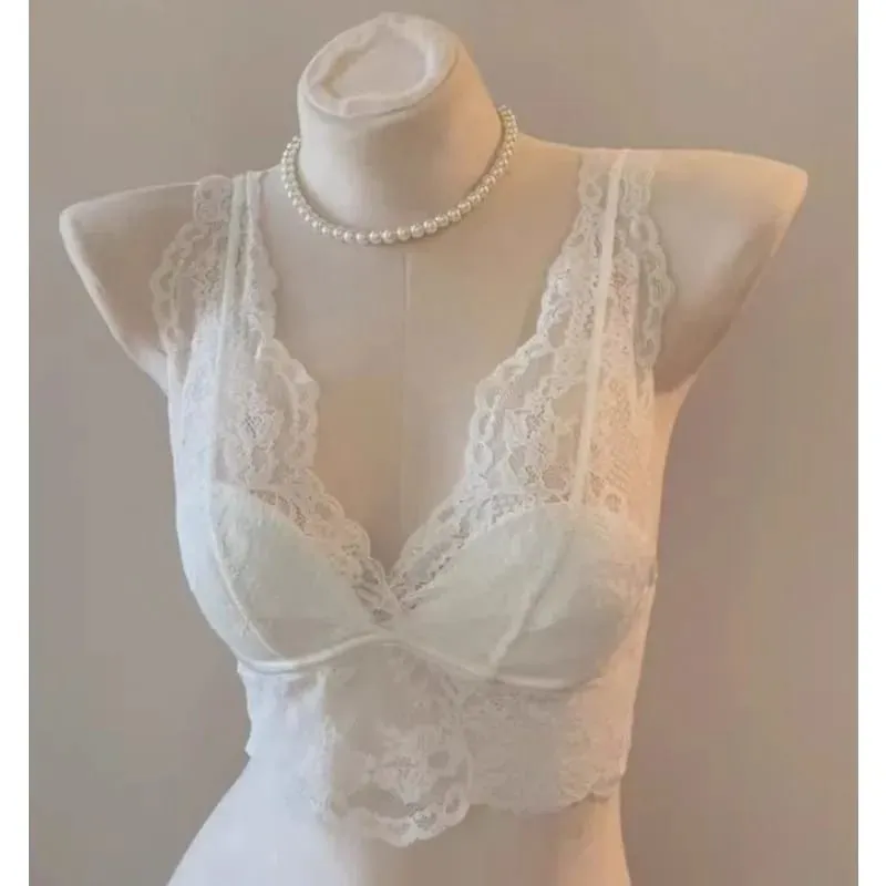 Women French Lace Bralette Push Up Gathering No Underwire Backless Bra Sets Sheer Lingerie Outerwear Camisole Summer Tops S- XL