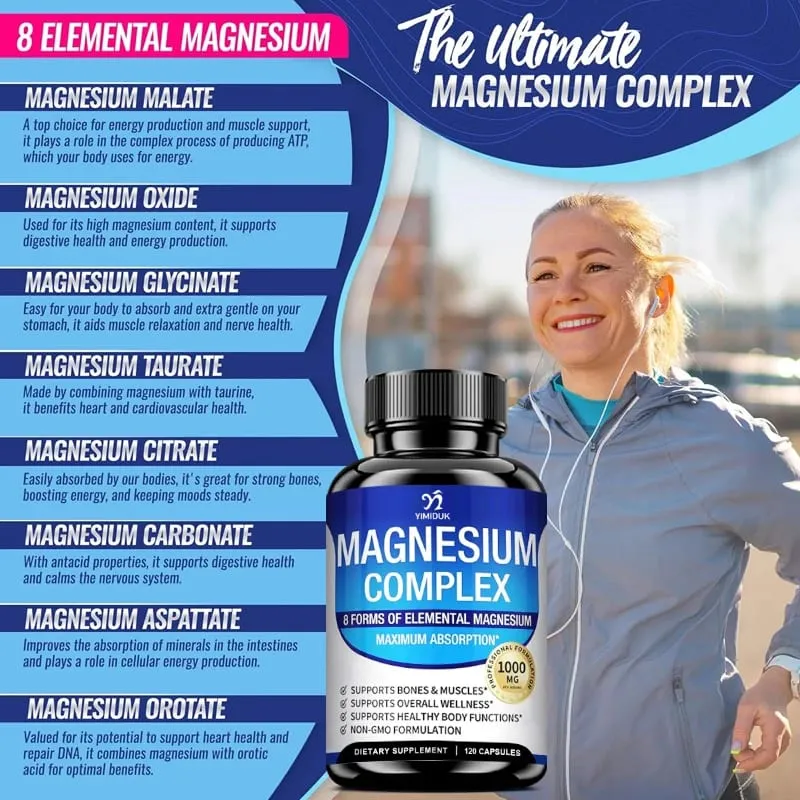 Magnesium Complex Supplement 1000mg -Magnesium Glycinate Citrate Malate Taurate Chelated for Bones Muscle Recovery Energy