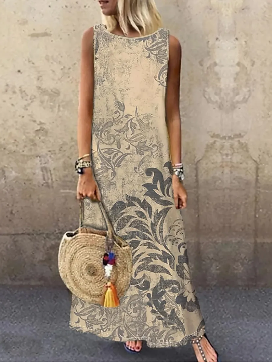 Vintage Floral Printed Women Sleeveless Sundress Summer Loose Casual Beach Long Dress Ladies Bohemia Maxi Dresses Party Vestidos