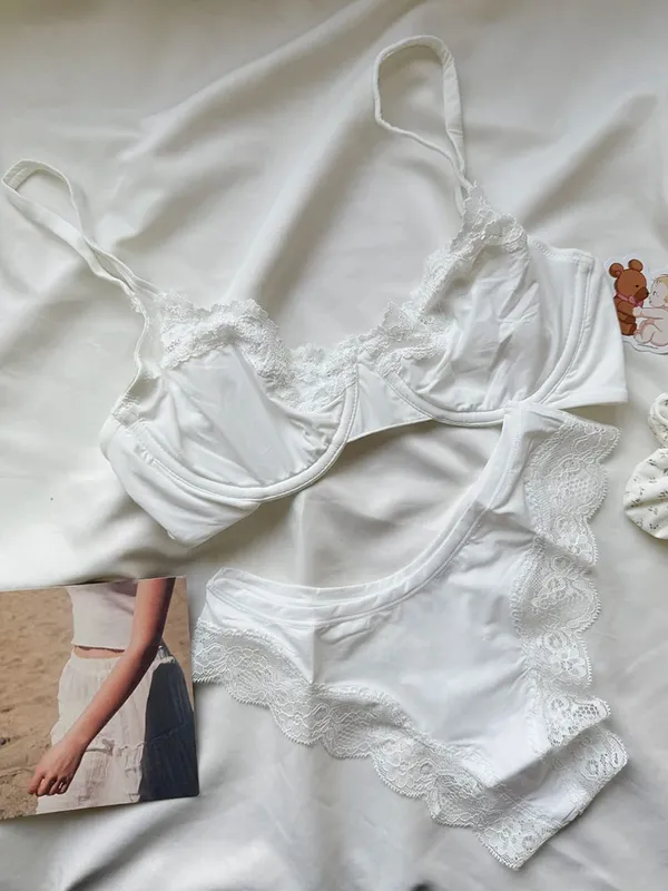 สีชมพูUnlinedเต็มถ้วยBraชุดUnderwire Lace Trim LiftสบายMinimalistไม่มีรอยต่อผิวทุกวันBrasและPanty