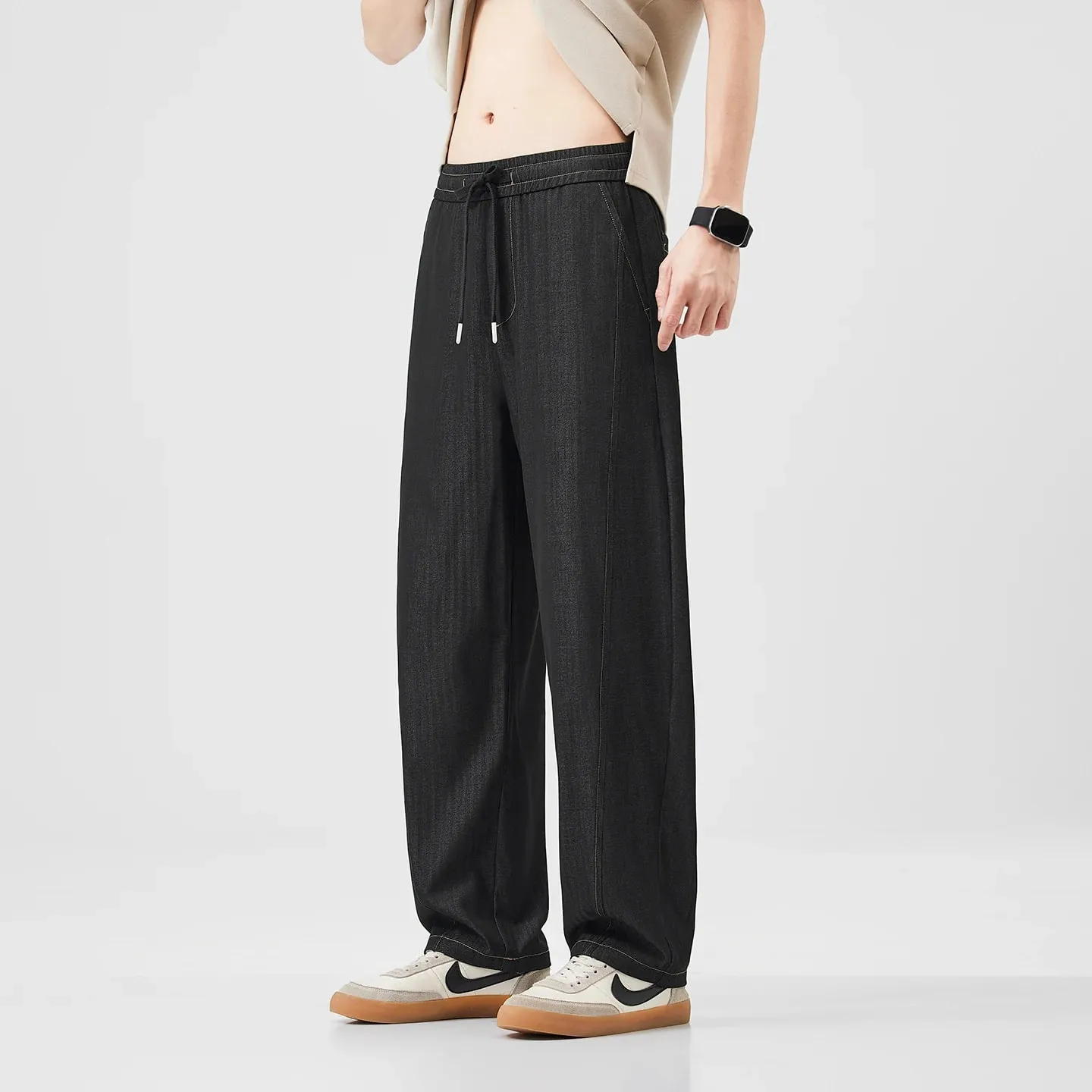2026 High Quality Summer Thin Stripe Jeans Men Elastic Waist Breathe Straight Y2K Harajuku Korea Trousers Male Plus Size M-5XL