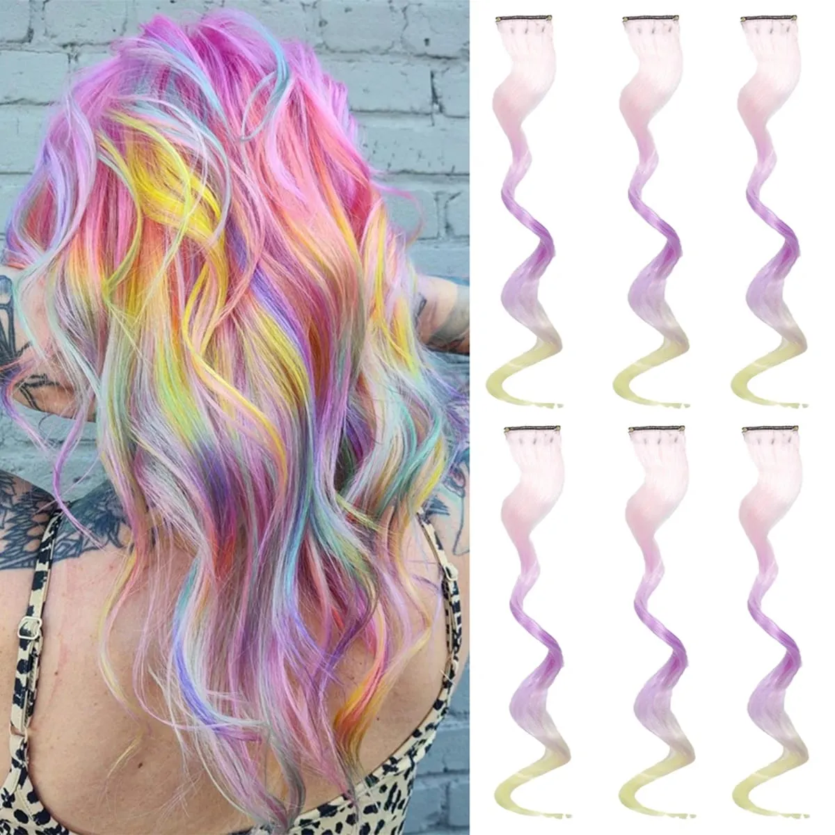 6PCS Ombre Clip In Hair Extensions Synthetic Body Wave Long Wavy Rainbow Highlight For Women Party Cosplay Festival Hair — image 8